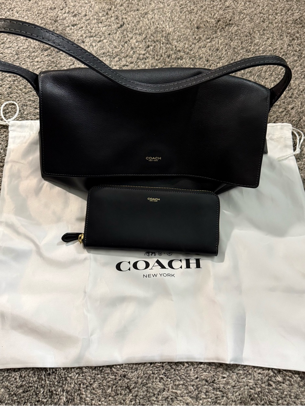 Coach Black Leather Shoulder Bag with Matching Black Wallet